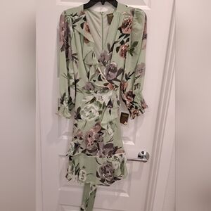 Taylor Mint Green Floral Ruffle Wrap Dress